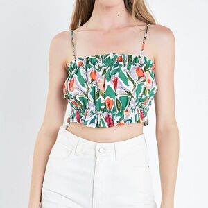 English Factory Floral Tropical Ruffle Hem Cropped Smocked Ruched Top